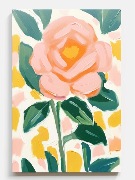 Painting of a pink rose with green leaves on a white background generative ai