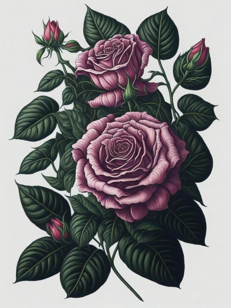 a painting of a pink rose with green leaves