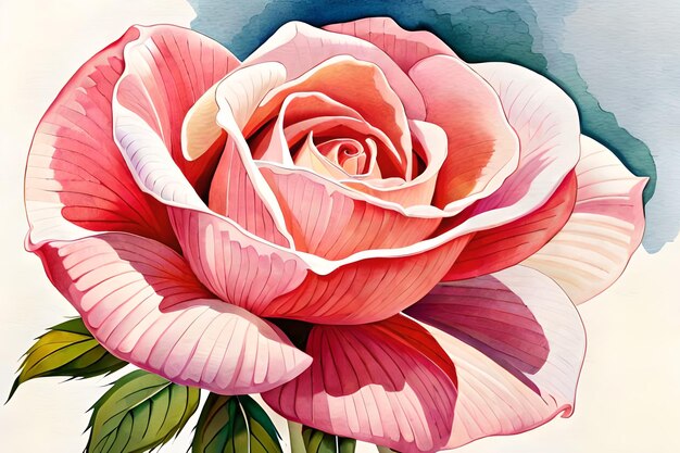Foto un dipinto di una rosa rosa con foglie verdi