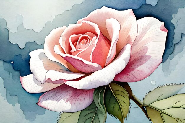 Photo a painting of a pink rose with green leaves