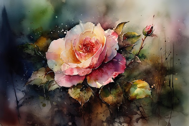 A painting of a pink rose with green leaves