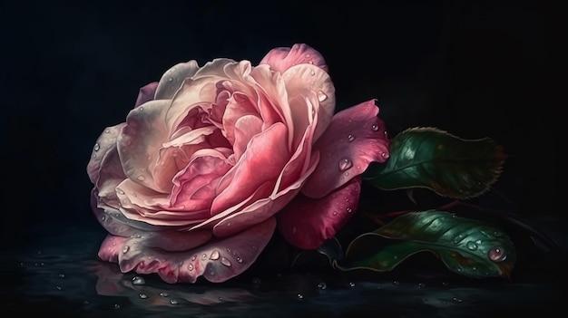 A painting of a pink rose with water droplets on itgenerative ai