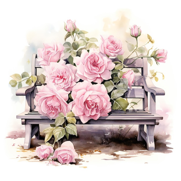 a painting of pink roses and a bench with a letter in it.