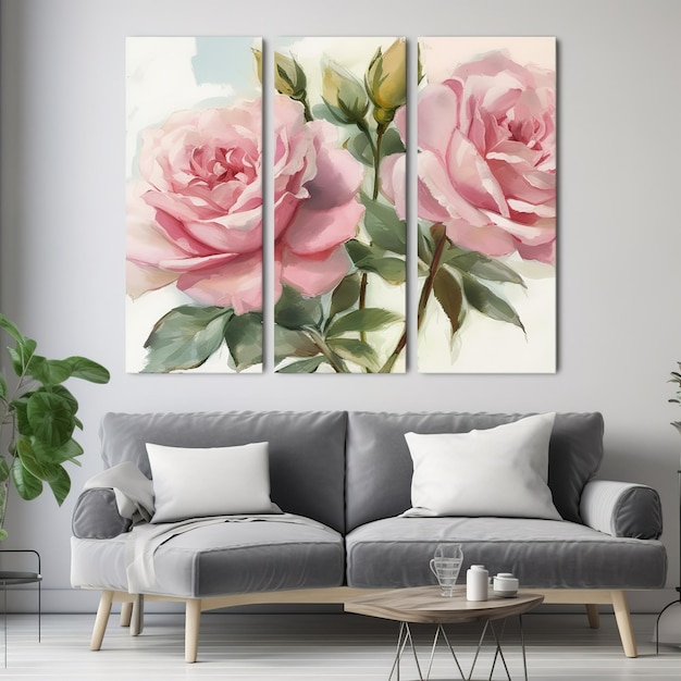 A painting of pink roses is hanging on a wall with a couch in the background.