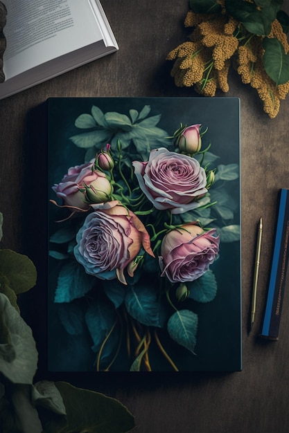 A painting of pink roses sits on a table next to a book.