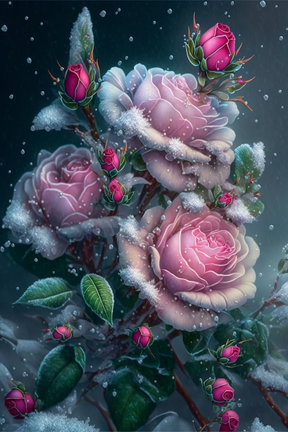 Photo painting of pink roses in the snow generative ai