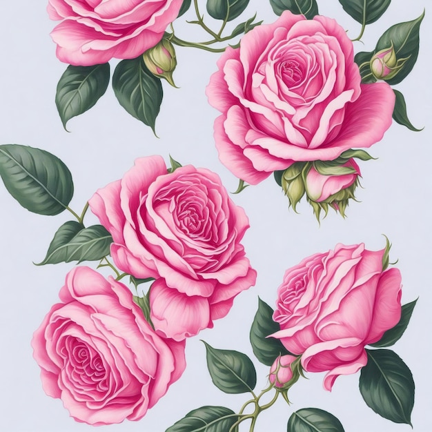 картина с розовыми розами на белом фоне, сгенерированная ai