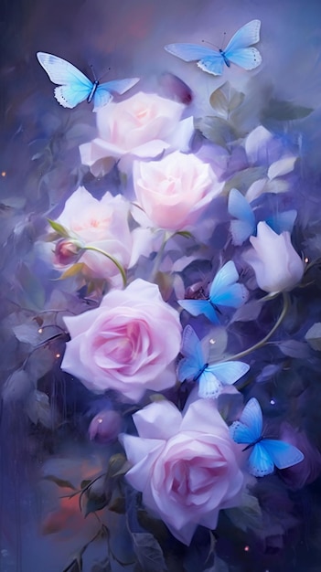 A painting of pink roses with blue butterflies
