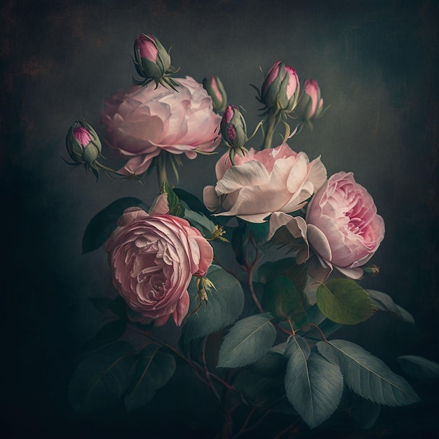 A painting of pink roses with green leaves and buds.