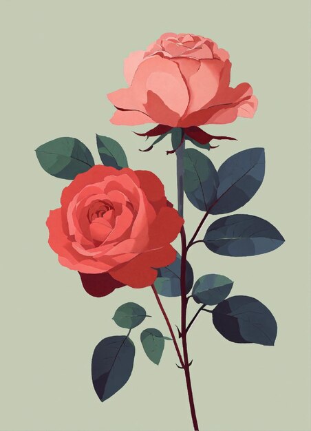 Photo a painting of pink roses with green leaves and a green background