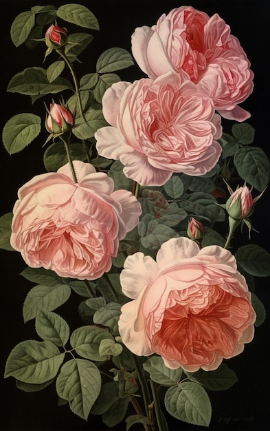 A painting of pink roses with green leaves and the words " pink " on the bottom.