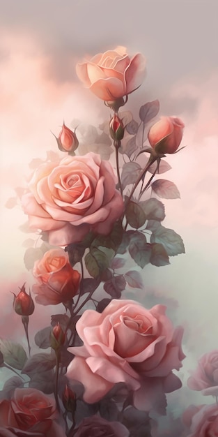 A painting of pink roses with the word rose on it.