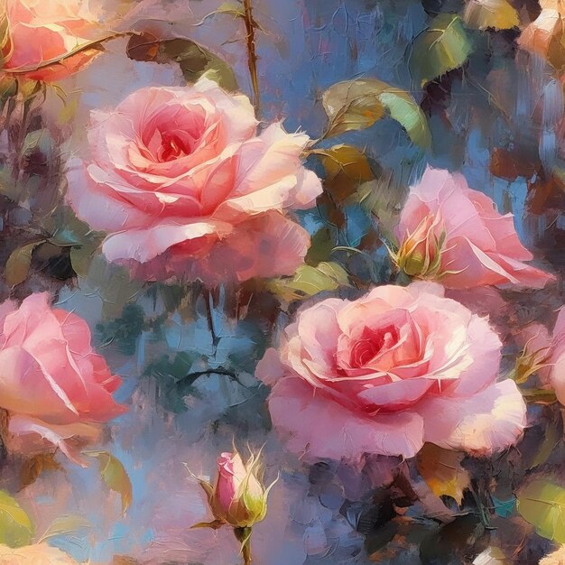 a painting of pink roses.