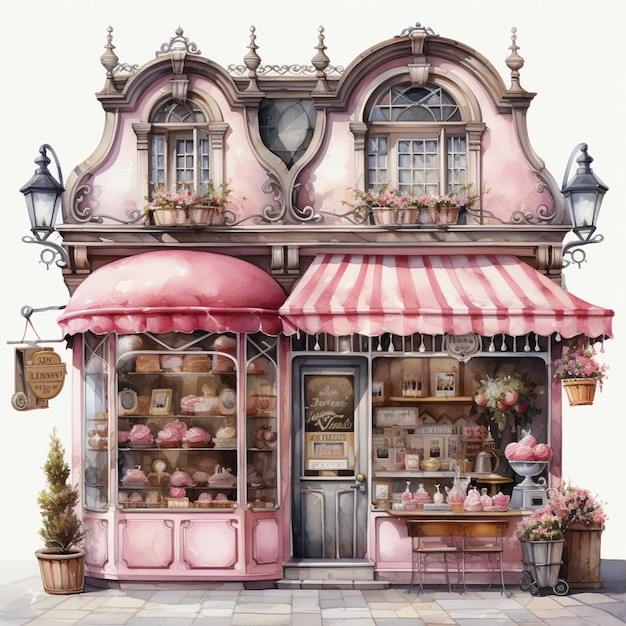 Painting of a pink storefront with a pink awning and a pink awning generative ai