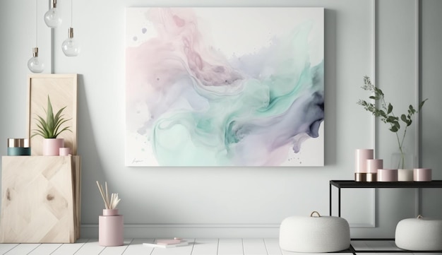 A painting of a pink and teal watercolor painting hangs on a white wall.