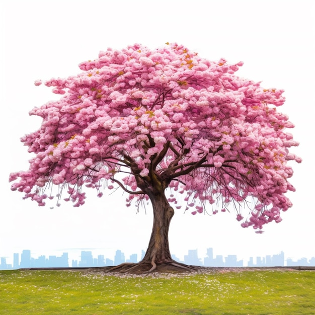 街を背景に野原にあるピンクの木の絵 生成ai