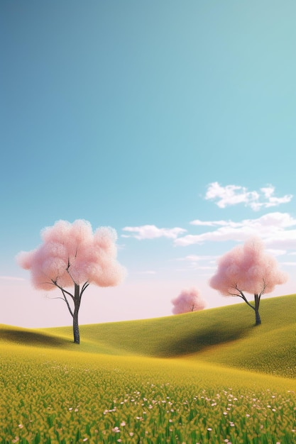 A painting of pink trees on a green hill with a blue sky in the background.