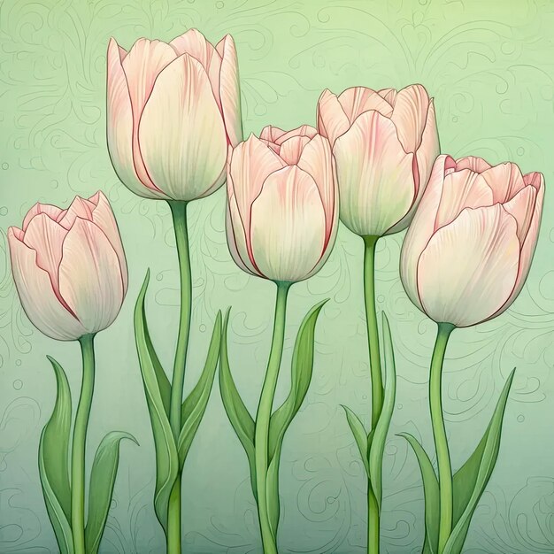 A painting of pink tulips on a green background