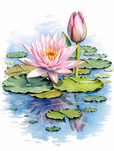 painting of a pink water lily with green leaves in a pond generative ai