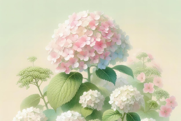 Photo a painting pink and white flower with green leaves