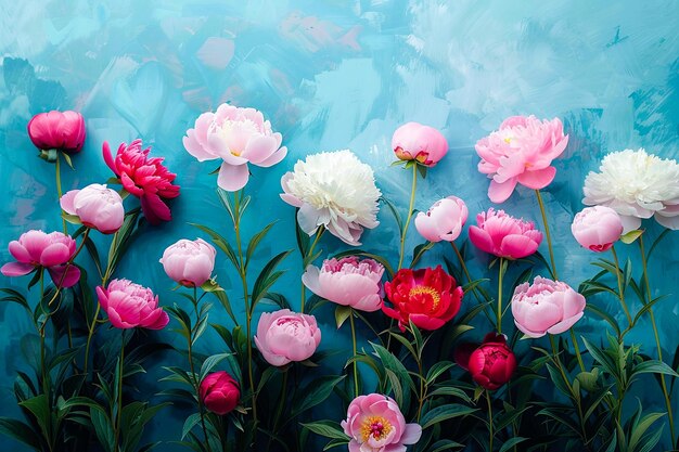 Foto un dipinto di fiori rosa e bianchi con le parole peonie in fondo