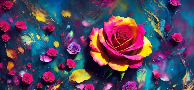 A painting of a pink and yellow flower