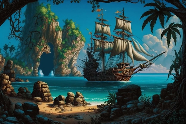 Photo painting of a pirate ship in a cove with a waterfall generative ai