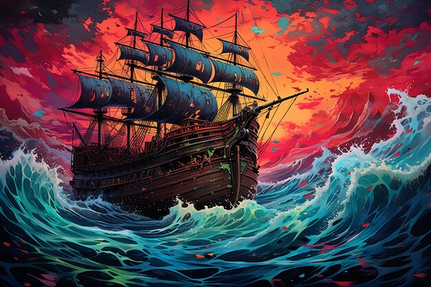 A Painting of a Pirate Ship in the Ocean