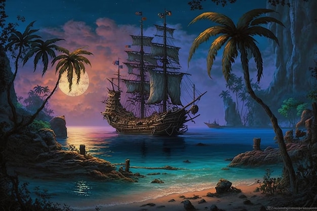 painting of a pirate ship in a tropical cove with palm trees generative ai