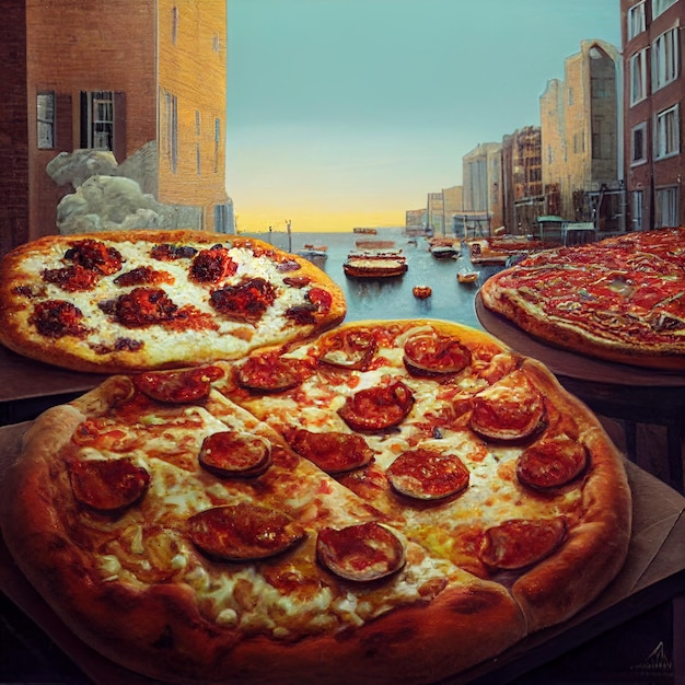 A painting of a pizza with pepperoni and cheese on it