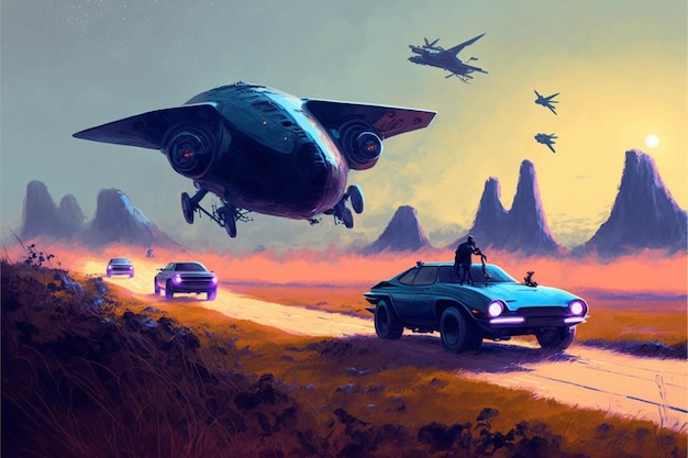 Painting of a plane flying over a car generative ai