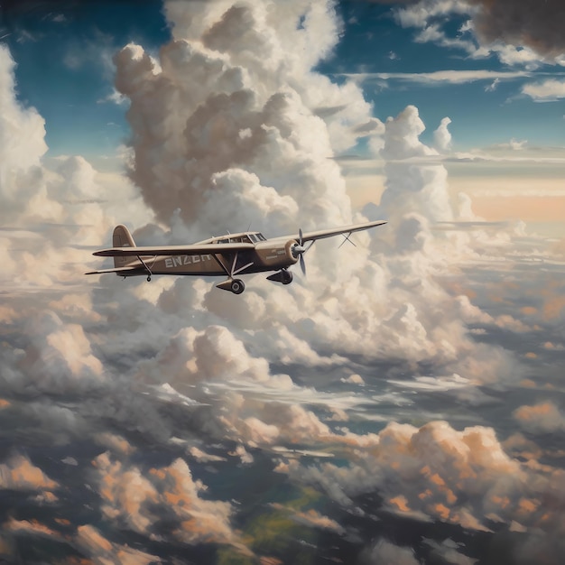 A painting of a plane flying above the clouds with the word air on it