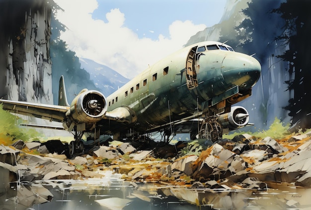 Картина самолета, сидящего на каменистой местности рядом с водоемом, генеративный искусственный интеллект
