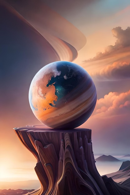 A painting of a planet on a cliff