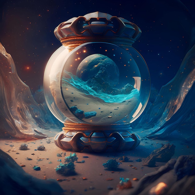 A painting of a planet inside a fish bowl.