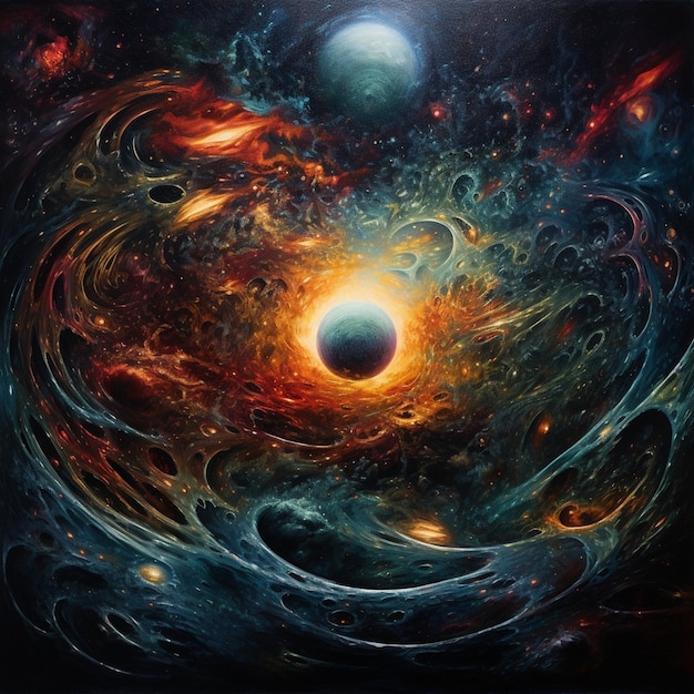 a painting of a planet with a black hole in the center.