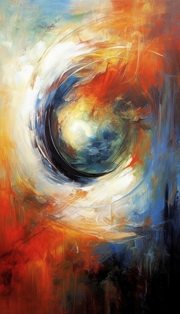 A painting of a planet with a blue circle in the center.