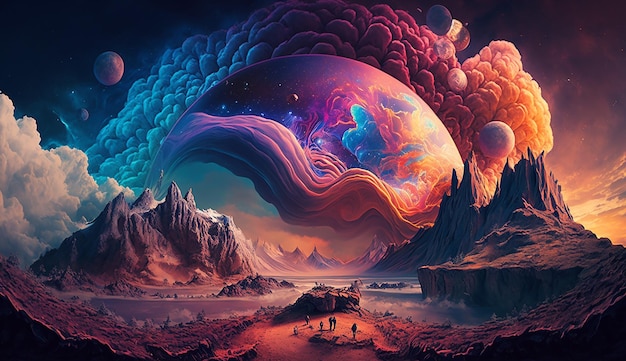 A painting of a planet with a colorful universe in the background