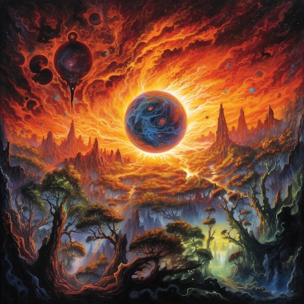 A painting of a planet with a fireball in the center.