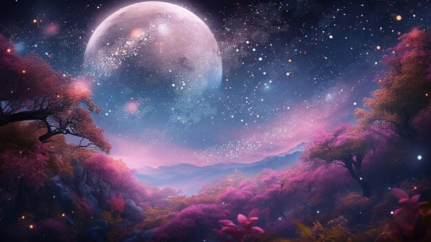 A painting of a planet with a pink moon in the background