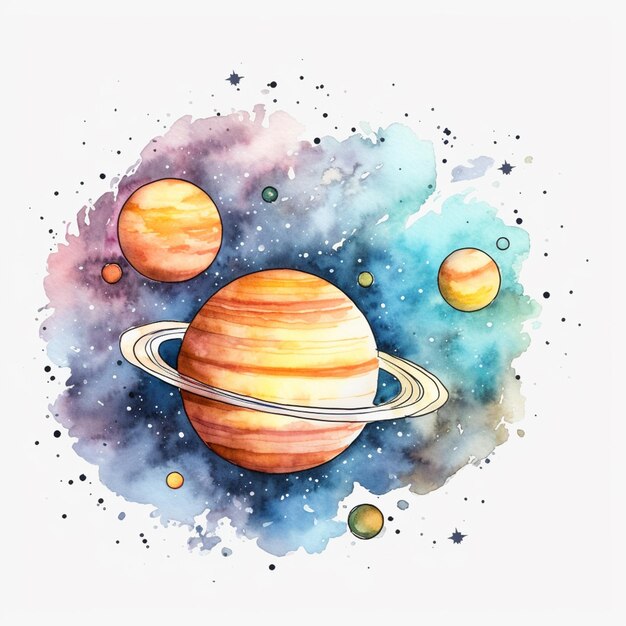배경 생성 AI에 고리와 별이 있는 행성 그림