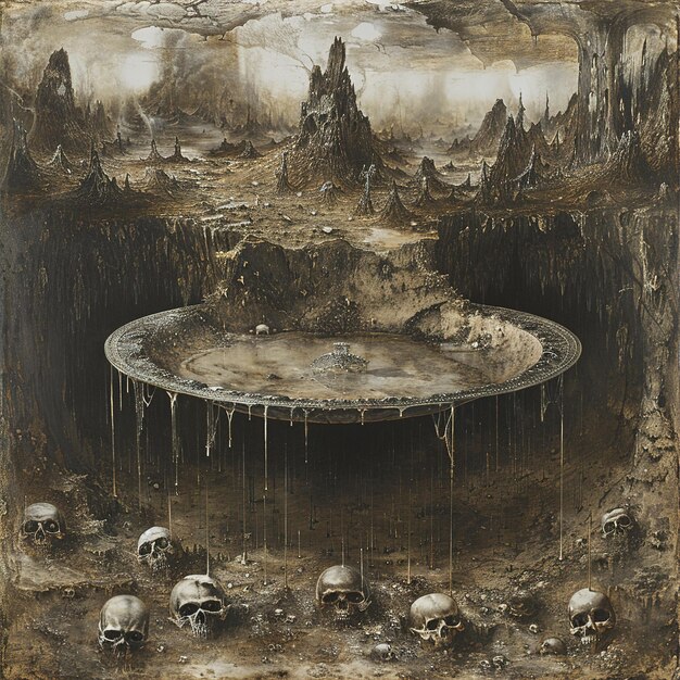 a painting of a planet with skulls and a hole in the middle