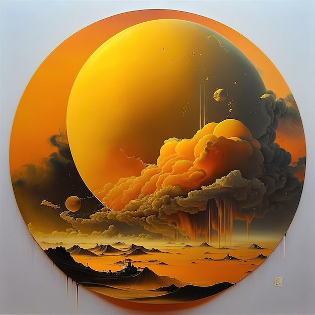 A painting of a planet with two planets on it