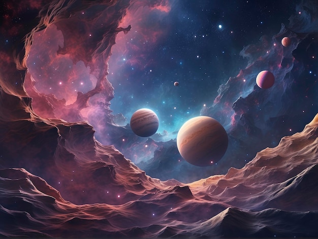 a painting of planets in a galaxy with a sky background and a mountain