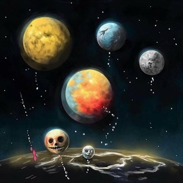 惑星と月の絵と「ハロウィン」の文字。
