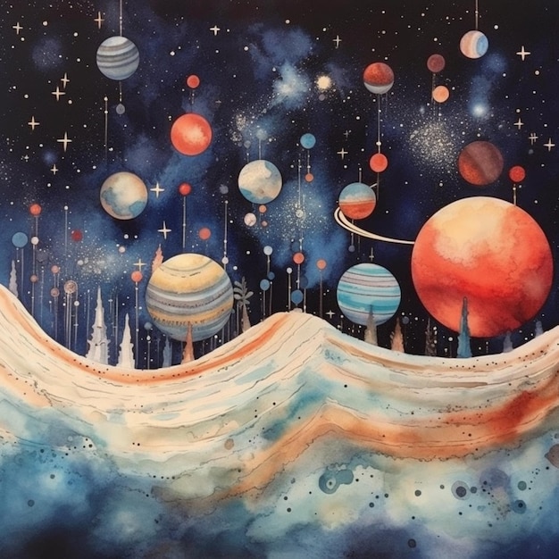 A painting of planets and stars in the sky