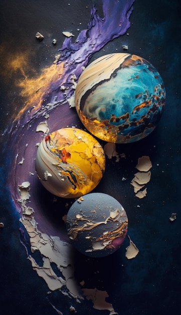 A painting of planets with a purple background