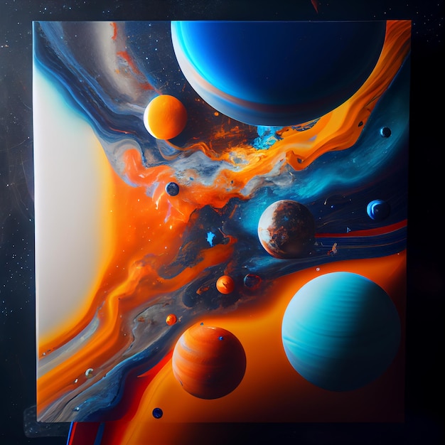 A painting of planets with the sun shining on it