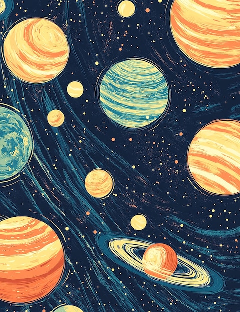 a painting of planets with the universe in the background
