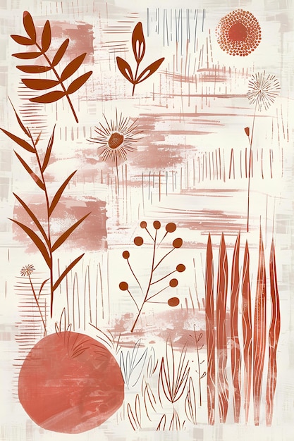 Картина растения и цвета на белом фоне с красными и розовыми цветами и красным кругом